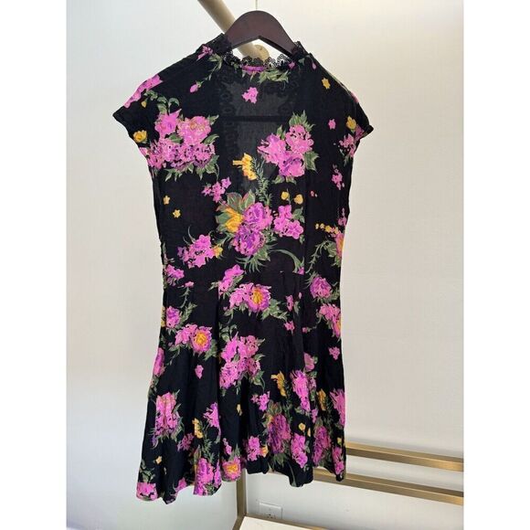 Free People Sz 8 Alora Mini Dress Black Pink Orange Floral Lace V Neck Buttons - Picture 6 of 10